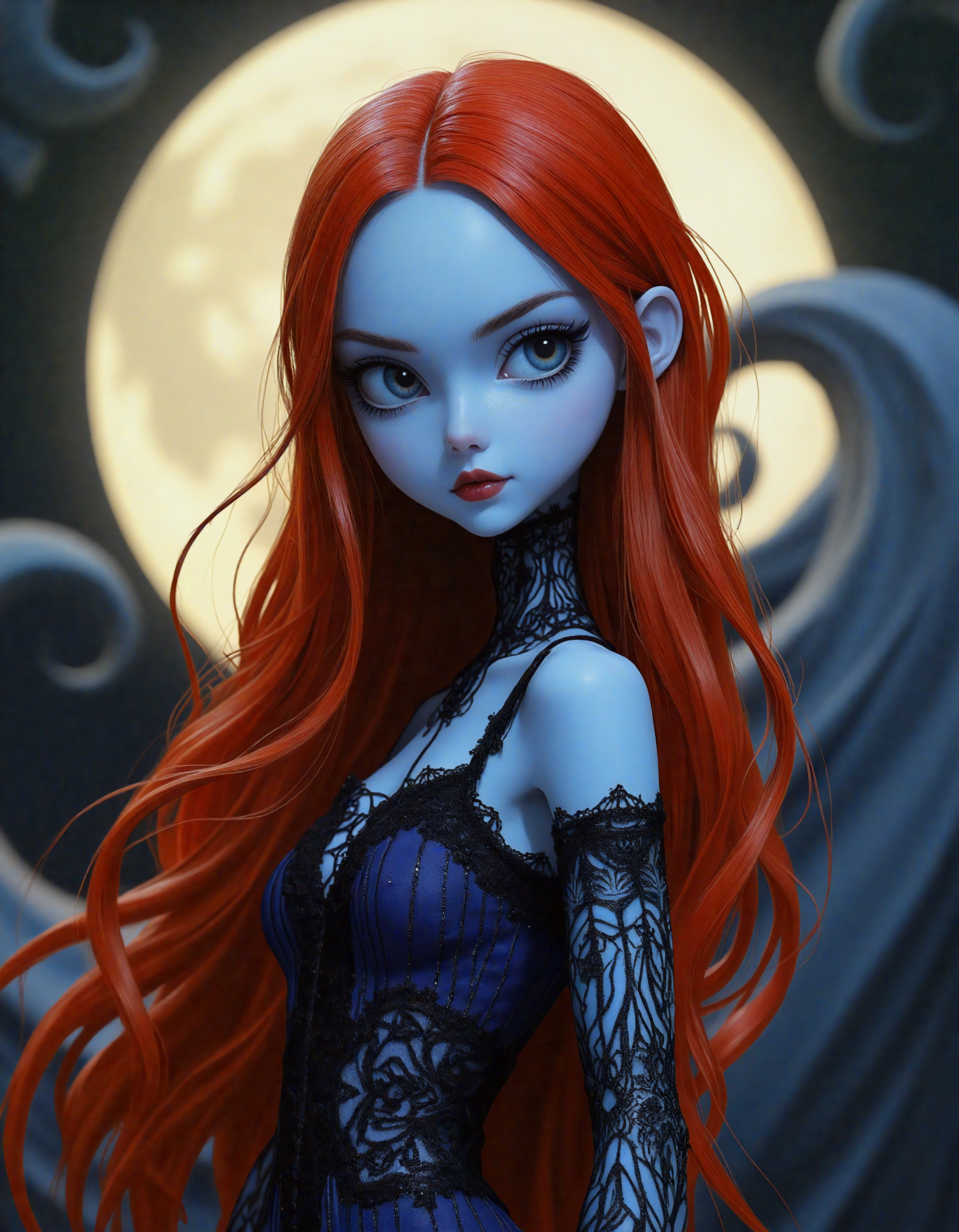 A stunning reimagining of Sally from The Nightmare Before Christmas, designed as a beautiful and stylish figure while maintaining her iconic stitched-together appearance. She has soft, pale blue skin with intricately detailed stitches running across her body, stitched mouth, now resembling elegant embroidery. Her long, flowing red hair cascades like silk, catching subtle glints of moonlight. She wears a modern, high-fashion gown inspired by her patchwork dress, redesigned with a sleek silhouette and bold, contrasting textures, blending delicate lace, velvet, and satin in deep, moody hues like midnight blue, crimson, and black. The background is a softly lit, ethereal scene with a full moon glowing behind her, surrounded by whimsical swirls and patterns reminiscent of Tim Burtonâs aesthetic. Her eyes are large and expressive, framed with delicate eyeliner and a subtle shimmer, conveying both mystery and charm. Dramatic lighting enhances her features and highlights the textures of her ensemble, creating a dreamlike and gothic-chic ambiance.