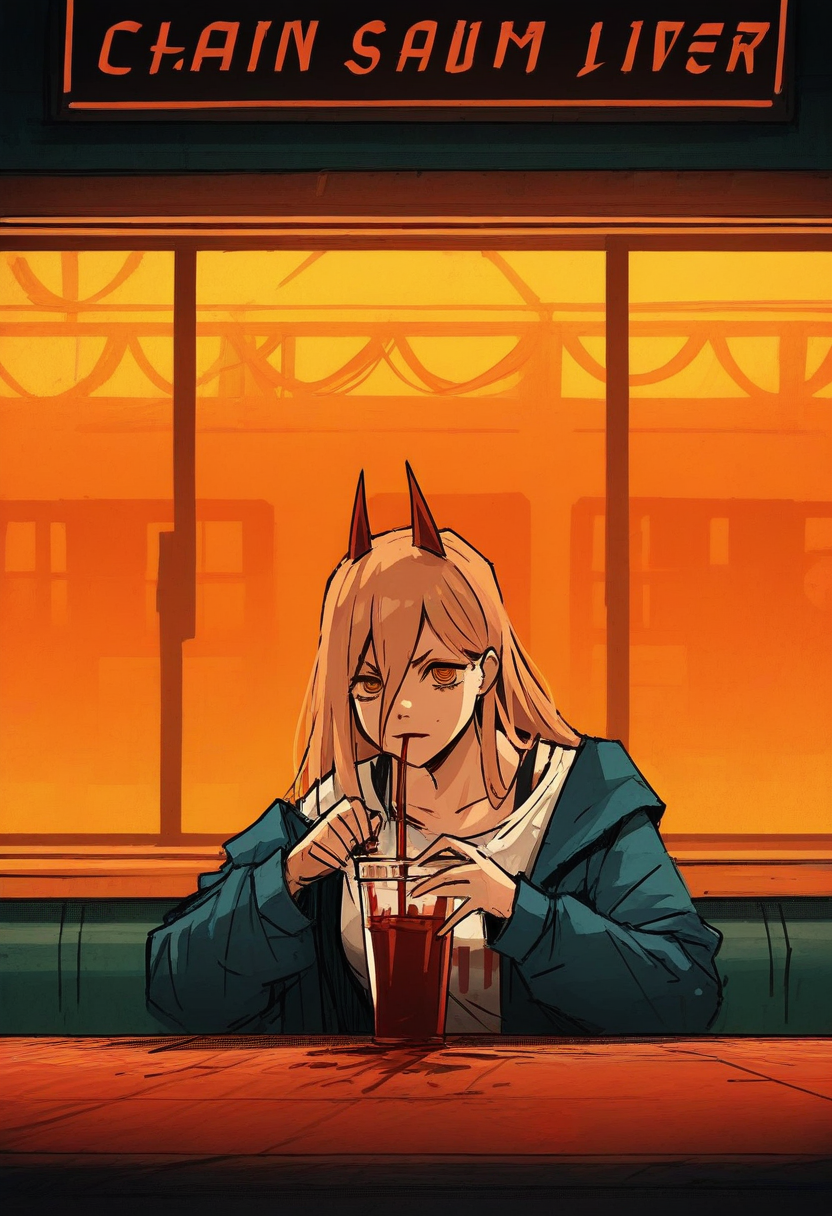 a13xstyle, sketch, graphic novel, masterpiece, best quality, solo,                                                                                          power \(chainsaw man\),  red horns, drinking blood smoothie, straw, street, seated in diner, warm colors, window, 