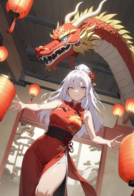 score_9, score_8_up, score_7_up, score_6_up, masterpiece, best quality, absurdres, cinematic, dynamic angle, perfect composition, solo, 1girl, medium breast, gojo satoru, blue eyes, white hair, long hair, cheongsam, red silk, Chinese New Year, lanterns, dragon dance, smirk, standing, looking at viewer,