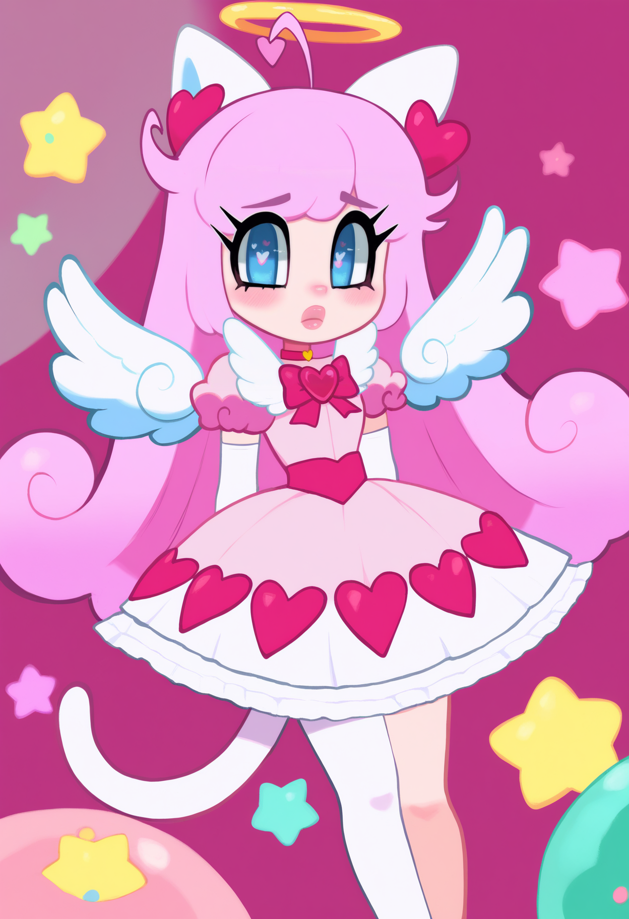 best quality, amazing quality, very aesthetic, absurdres,
BREAK
1girl, angel wings, animal ears, blue eyes, cat ears, cat girl, cat tail, dress, long hair, looking at viewer, magical girl, pink hair, pink theme, solo, tail, wings, yume kawaii, yume ne,   <lora:ThiccverseNoobLocon_byKonan:1>
