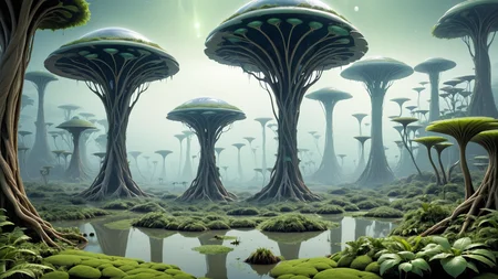 <lora:artfullyENVIRON_SDXL_V1:1>, alien planet, biome, environment setting, forest wetlands