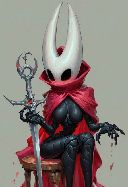 masterpiece, best quality, 1girl, beautiful face, ((masterpiece, best quality, highly detailed,high definition image,score_9, score_8_up, score_7_up),
hornet \(hollow knight\), hollow knight,no humans, 1girl, arthropod girl, black skin, horns, black eyes, red cloak,
white sword weapon,GIT GUD pose,Pale King's progeny,,arachnophobia warning,red glow effect,Chibi form factor,Voidheart symbolism,
dramatic lighting,
,(detailed body,detailed fingers,detailed face,(perfect face,perfect light,cute face))narrow waist, (medium saggy breasts, cleavage), blushing, embarrassed, ashamed, wide hips, anime, front facing, portrait, sitting on stool,