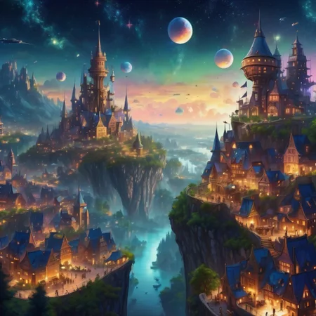 fantasy city overlooking a forest, bustling nightlife with flying ships, floating castle, starry night