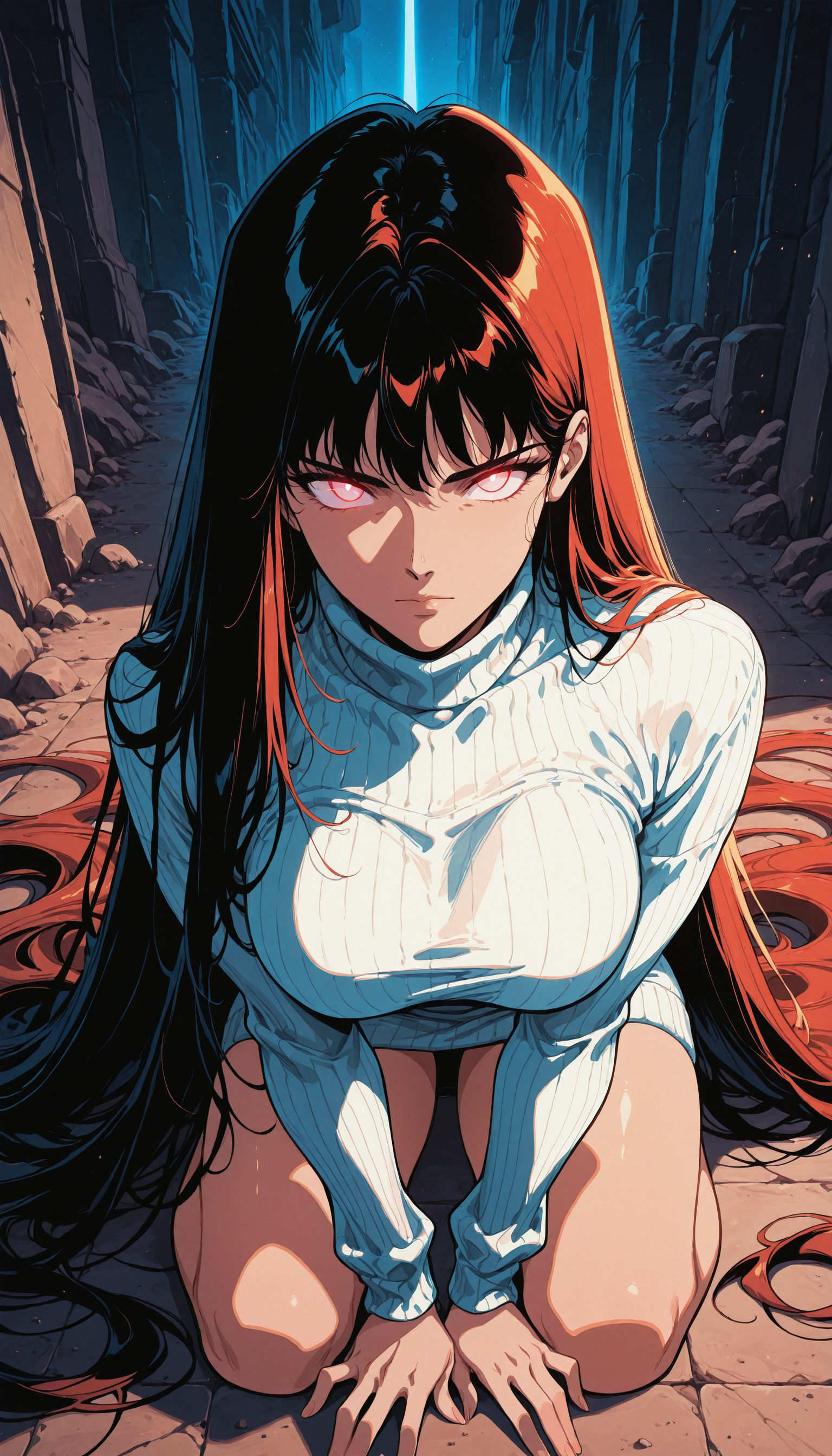 melanch0ly, floorh4ir, absurdly long hair, retro anime, 1990s, masterpiece, best quality, absurdres, scenery, kneeling, overhead shot, 1girl, solo, glowing eyes, large breasts, turtleneck sweater dress, portrait, close-up, volumetric lighting, <lora:Melancholyv2:1>, <lora:FloorLengthHairIllustrious:0.6>, <lora:illustriousXL_stabilizer_v1.72:0.4>, <lora:NOOB_vp1_detailer_by_volnovik_v1:0.4>