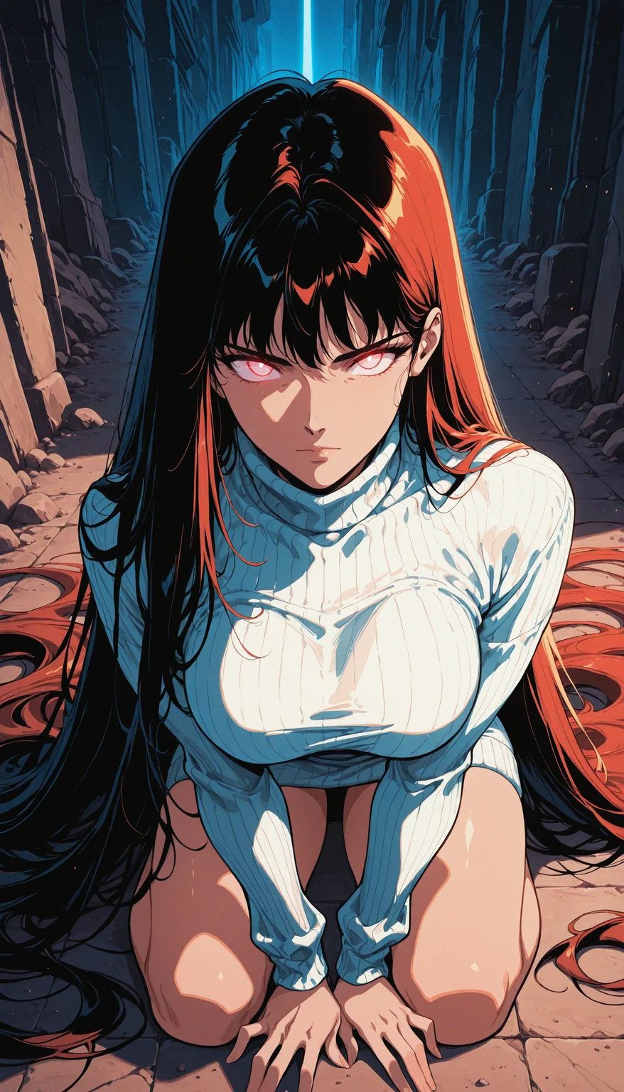 melanch0ly, floorh4ir, absurdly long hair, retro anime, 1990s, masterpiece, best quality, absurdres, scenery, kneeling, overhead shot, 1girl, solo, glowing eyes, large breasts, turtleneck sweater dress, portrait, close-up, volumetric lighting, <lora:Melancholyv2:1>, <lora:FloorLengthHairIllustrious:0.6>, <lora:illustriousXL_stabilizer_v1.72:0.4>, <lora:NOOB_vp1_detailer_by_volnovik_v1:0.4>