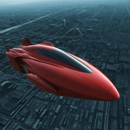 photo of red hover (2010's sports car), nowheels, science fiction, scifi, futuristic, futuristic city, flying, soaring,