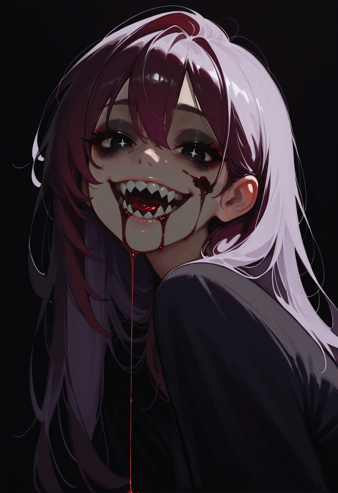 masterwork, masterpiece, best quality, dynamic lighting 
intricate details, masterpiece, very aesthetic, absurdres, newest, black eyes, bags under eyes, big eyes, (black eyeshadow:0.8), thick eyelashes, from side, simple background, dark night background, looking at viewer, looking down, (wild, crazy smile:1.2), solo, 1girl, half body, perspective, (sharp teeth:1.2), dark red liquid on mouth, dark red liquid on face, half-closed eyes, + +, dark red eyeliner, pale purple hair, dark