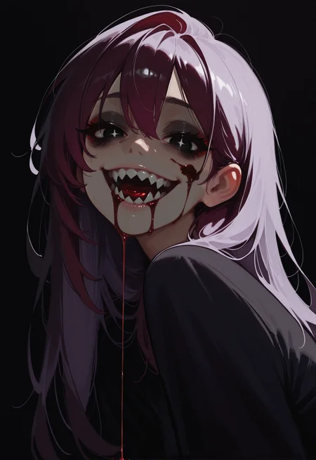 masterwork, masterpiece, best quality, dynamic lighting
intricate details, masterpiece, very aesthetic, absurdres, newest, black eyes, bags under eyes, big eyes, (black eyeshadow:0.8), thick eyelashes, from side, simple background, dark night background, looking at viewer, looking down, (wild, crazy smile:1.2), solo, 1girl, half body, perspective, (sharp teeth:1.2), dark red liquid on mouth, dark red liquid on face, half-closed eyes, + +, dark red eyeliner, pale purple hair, dark