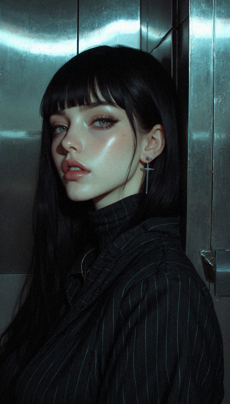 A striking woman leans casually against a sleek metallic wall, her body slightly turned to the right, with her right shoulder resting against the surface and her left arm hanging loosely by her side. Her head tilts slightly to the left, her piercing pale eyes looking out from under her sharp bangs with an icy, indifferent gaze. Her lips are set in a neutral expression, exuding an aura of quiet strength and mystery.
Her jet-black hair falls perfectly straight, framing her face and cascading over her shoulders in smooth layers. She wears a fitted black turtleneck with subtle pinstriping, the fabric clinging to her form and emphasizing her refined silhouette. A delicate silver chain peeks out from beneath the high neckline, catching the dim light. The glint of a sharp, cross-shaped earring adds a touch of gothic elegance to her look.
The background is a dimly lit, minimalistic interior with soft reflections on the metallic surfaces. Cool white lighting streams in from the side, casting a sharp shadow behind her and accentuating the contours of her face and clothing. The atmosphere is stark and moody, heightening the dramatic tension of the scene.
Art Style: Hyperrealistic, medium-close shot focusing on her relaxed yet powerful pose, with detailed textures and dramatic lighting emphasizing her cold, enigmatic presence. <lora:realism_lora_comfy_flux_converted:0.5> <lora:MoriiMee_Gothic_Niji_Style_FLUX:0.85>
