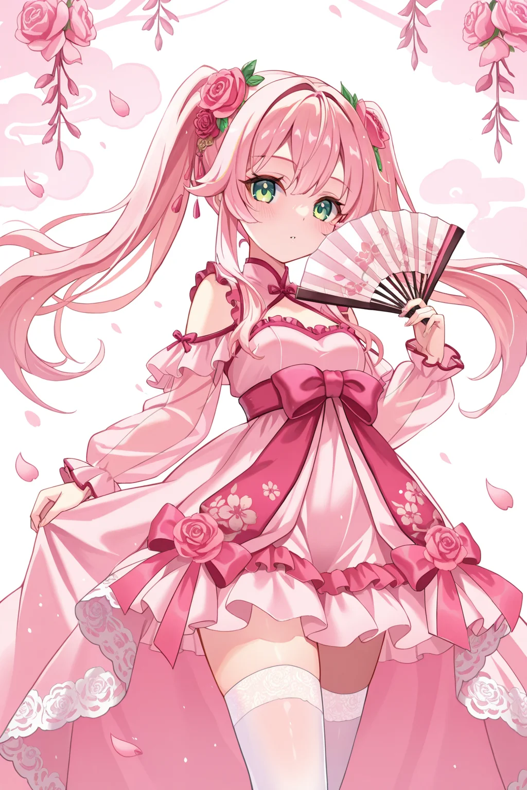 <lora:Kumokoneko:1>, Kumokoneko, 1girl, solo, pink hair, thighhighs, hand fan, dress, pink theme, flower, green eyes, long hair, hair ornament, frills, twintails, hair flower, white thighhighs, see-through, folding fan, rose, petals, pink dress, lace, looking at viewer,