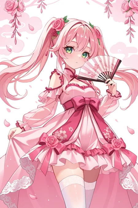 <lora:Kumokoneko:1>, Kumokoneko, 1girl, solo, pink hair, thighhighs, hand fan, dress, pink theme, flower, green eyes, long hair, hair ornament, frills, twintails, hair flower, white thighhighs, see-through, folding fan, rose, petals, pink dress, lace, looking at viewer,