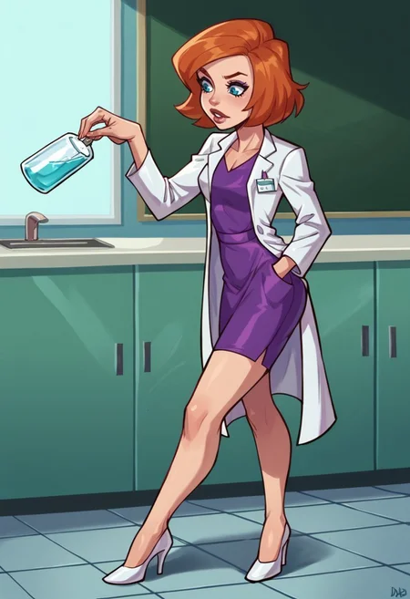 score_9, score_8_up, score_7_up, score_6_up, lilboots-dh BREAK, solo, 1girl, orange hair, blue eyes, short hair, labcoat, purple skirt,high heels <lora:Artist_Style_-_LilBoots_PDXL:0.8> <lora:AnnPossiblePony1.0:0.7>