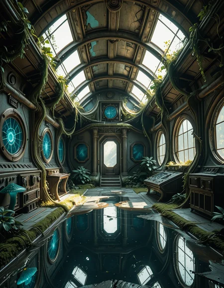 The interior of an ancient abandoned spaceship, overtaken by lush vegetation. The walls and ceiling are covered in thick, twisting vines and moss. Strange alien plants glow faintly in shades of blue and green, casting an eerie, mystical light across the metallic surfaces. Rusted control panels and shattered glass windows hint at a long-forgotten past. The floor is cracked and partially flooded with still, reflective water. Patches of bioluminescent fungi cling to the corners, adding a surreal atmosphere. The air feels heavy with moisture, and beams of soft, diffused light filter through holes in the hull, creating dramatic shafts of light and shadow. The overall style is hyper-realistic, rich in textures, with a cinematic and slightly melancholic mood.<lora:SDXLFaeTastic2400:0.4> <lora:extremely_detailed:0.4> extremely detailed,ancient abandoned sp4c3sh1p, <lora:ancient_abandoned_sp4c3sh1p-i:1>, Masterpiece,best quality,hi res,8k,hi res,8k,award winning,(sharp focus, intricate, highly detailed),