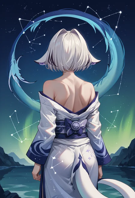 score_9, score_8_up, source_anime, 1girl, solo, KiliaKurayami, streaked hair, short hair, hair intakes, facial mark, fish tail, aurora, back, bare back, bare shoulders, constellation, from behind, kimono, light particles, long sleeves, off shoulder, <lora:ChamKiliaKurayamiPonyXL:1>