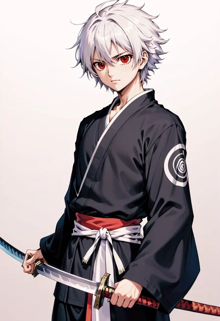 aniduskxl, 1990s , (style), 1boy, black shirt, closed mouth, collarbone, hair between eyes, holding, holding sword, holding weapon, japanese clothes, kimono, long sleeves, looking at viewer, male focus, open clothes, red eyes, shirt, fluffy hair, Sakata Gintoki, Gintama, short hair, solo, sword, upper body, weapon, white hair, white kimono, anime, retro art style, flat color , <lora:AnimeSDXLv2:0.8>