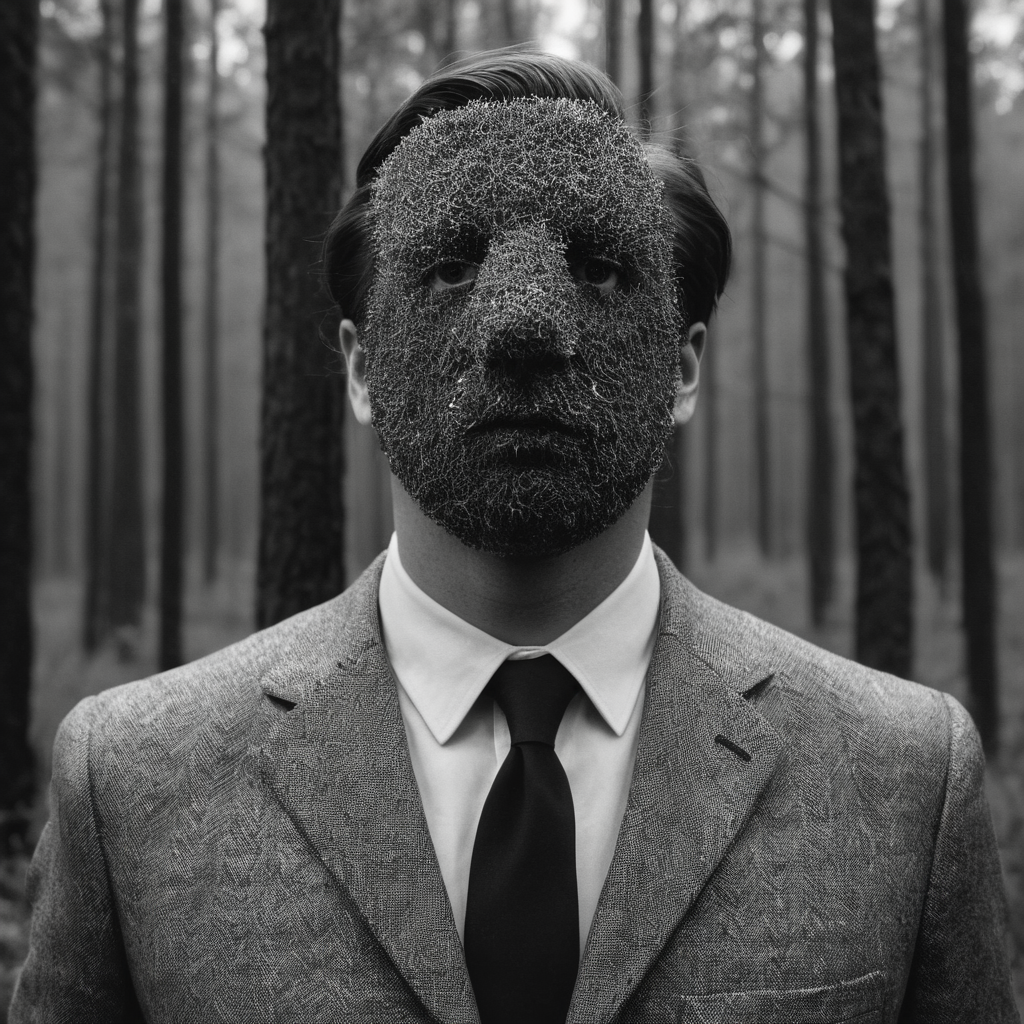 Surrealist art  <lora:Surrealism style:1>
A surrealism photo of a man in a suit and tie standing in a forest,solo,1boy,monochrome,upper body,greyscale,male focus,outdoors,blurry,from side,tree,depth of field,blurry background,formal,suit,nature,forest,monster,photo background , realistic, realism, photorealism, hyperrealism, hyperrealistic, realistic, sharp, detailed, cinematography style, film light style, movie still,  professional photography, artistic, perfection, contrast, cinematic, filmic, high quality photo,  8k quality, colorful, photography style, absurd, bizarre, eerie, fanciful, fantastic, ludicrous, monstrous, odd, outlandish, preposterous, ridiculous, strange, whimsical, wired, disturbing, surrealist, surrealism style, Andre Breton style, dreamlike, mysterious, provocative, symbolic, intricate, detailed