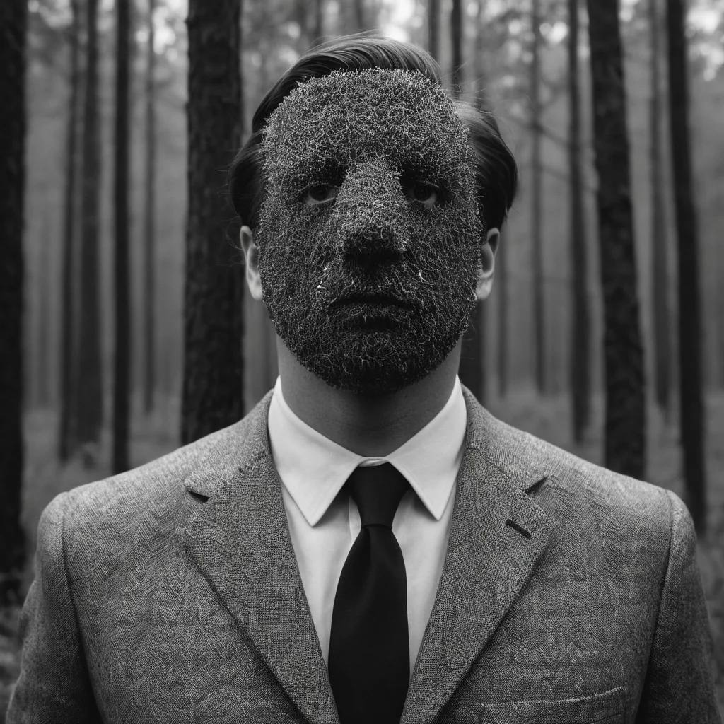 Surrealist art <lora:Surrealism style:1>
A surrealism photo of a man in a suit and tie standing in a forest,solo,1boy,monochrome,upper body,greyscale,male focus,outdoors,blurry,from side,tree,depth of field,blurry background,formal,suit,nature,forest,monster,photo background , realistic, realism, photorealism, hyperrealism, hyperrealistic, realistic, sharp, detailed, cinematography style, film light style, movie still, professional photography, artistic, perfection, contrast, cinematic, filmic, high quality photo, 8k quality, colorful, photography style, absurd, bizarre, eerie, fanciful, fantastic, ludicrous, monstrous, odd, outlandish, preposterous, ridiculous, strange, whimsical, wired, disturbing, surrealist, surrealism style, Andre Breton style, dreamlike, mysterious, provocative, symbolic, intricate, detailed