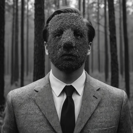 Surrealist art  <lora:Surrealism style:1>
A surrealism photo of a man in a suit and tie standing in a forest,solo,1boy,monochrome,upper body,greyscale,male focus,outdoors,blurry,from side,tree,depth of field,blurry background,formal,suit,nature,forest,monster,photo background , realistic, realism, photorealism, hyperrealism, hyperrealistic, realistic, sharp, detailed, cinematography style, film light style, movie still,  professional photography, artistic, perfection, contrast, cinematic, filmic, high quality photo,  8k quality, colorful, photography style, absurd, bizarre, eerie, fanciful, fantastic, ludicrous, monstrous, odd, outlandish, preposterous, ridiculous, strange, whimsical, wired, disturbing, surrealist, surrealism style, Andre Breton style, dreamlike, mysterious, provocative, symbolic, intricate, detailed