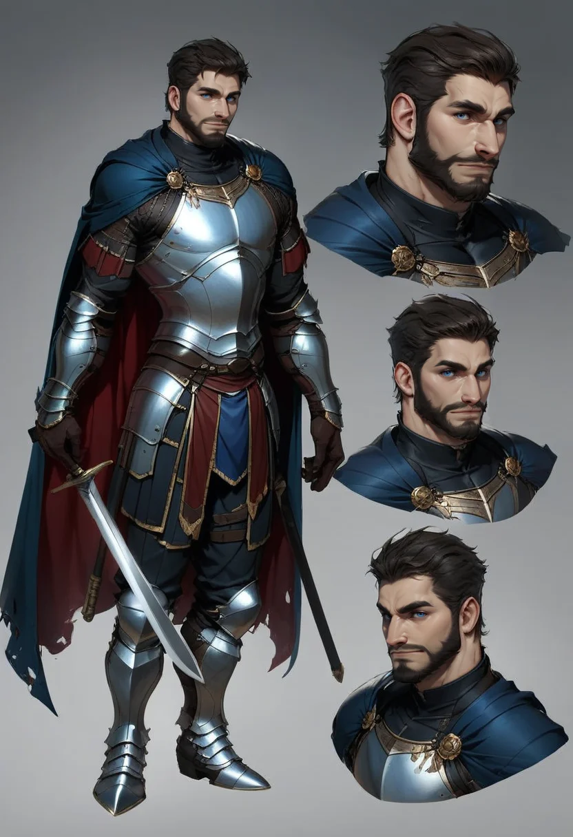 score_9, score_8_up, score_7_up,<lora:xl_more_art-full_v1:0.8>,<lora:add-detail-xl:1>
BREAK
<lora:concept:1>conceptart,1boy, facial hair, weapon, male focus, sword, holding, holding weapon, beard, boots, holding sword, cape, gloves, full body, multiple views, black hair, grey background, brown hair, belt, armor, looking at viewer, standing, simple background, blue eyes, short hair, concept art, pants, closed mouth, reference sheet