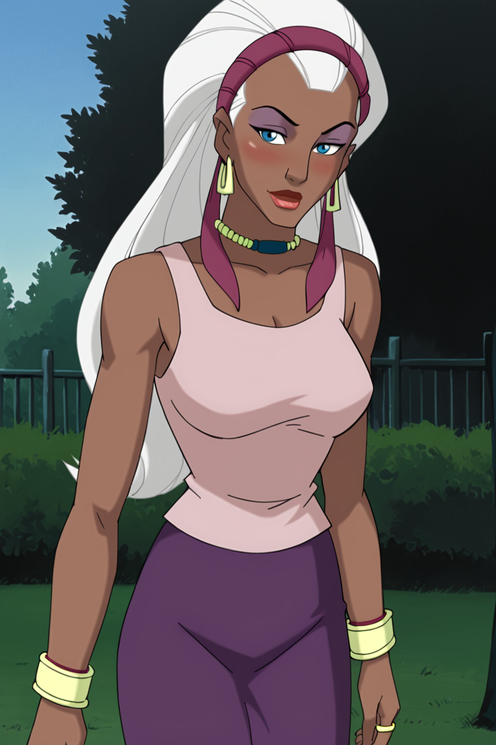 PonyXLV6_Scores BREAK ((parody), perfect anatomy, perfect eyes, cowboy shot), <lora:add_details_xl:1> BREAK BREAK <lora:Storm_-_X-Men_Evolution:1> ororo munroe, dark-skinned female, long hair, white hair, blue eyes, makeup, lipstick, flirting, raised eyebrow, half-closed eyes, blush, ((looking at viewer)), hoop earrings, hairband, choker, tank top, bracelet, ring, long skirt, purple skirt, large breasts, curvy, toned, athletic, standing, sexually suggestive pose, outdoors