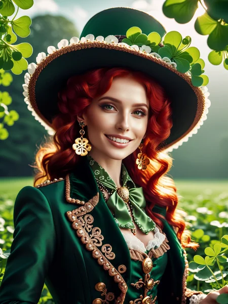 cinematic photo big smile female leprechaun, squinting, cocked hat, clovers, raining clovers, clover earrings, clover patterned vest, clover pendant, clover buttons, red hair, it's fucking clovers everywhere and it's windy, high contrast, intricate details, dynamic lighting, Photorealistic, Hyperrealistic, Hyperdetailed, analog style, detailed skin, matte skin, soft lighting, subsurface scattering, realistic, heavy shadow, masterpiece, best quality, ultra realistic, 8k, golden ratio, Intricate, High Detail, film photography, soft focus,
 <lora:GeorgianStyleLocal:1> GeorgianStyle . 35mm photograph, film, bokeh, professional, 4k, highly detailed