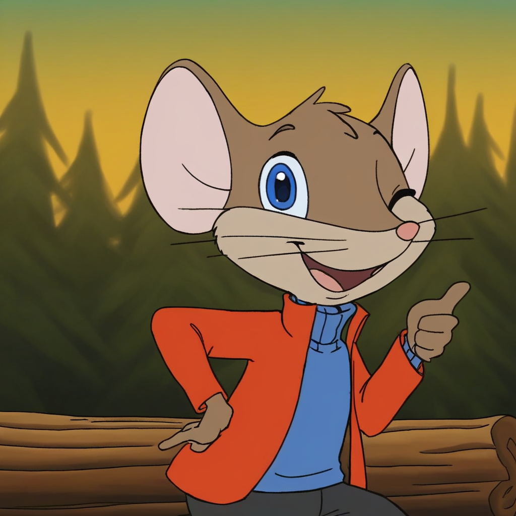 source_cartoon, 1boy, eckhartmouse, solo, semi-anthro, mouse, brown fur, whiskers, blue eyes, red jacket, blue turtleneck sweater, black short pants, looking at viewer, smile, opened mouth, thumbs_up, hand on hip, wink_eye, sitting on wooden log, bright yellow sky, outdoors