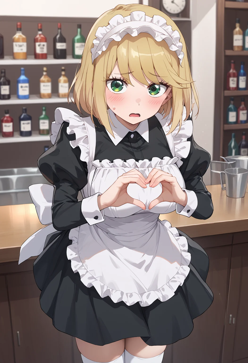 score_9, score_8_up, score_7_up, score_6_up, score_ANIME, desumi, desumi, 1girl, solo, green eyes, blonde hair, maid headdress, apron, bob cut, thighhighs, puffy sleeves, , maid dress, blush, long sleeves, sweatdrop, frills, cowboy shot, closed mouth, swept bangs, standing, looking at viewer, large breasts, , white thighhighs, <lora:magahara_desumi_pony2:1> heart hands,embarrassed, open mouth, , bar