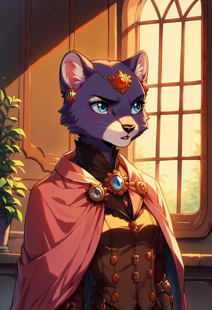 score_9, score_8_up, score_7_up, score_6_up, best quality, source_anime, solo, 1girl, female, standing, upper body, interior, (steampunk), princess_romy, romy_panther, furry, anthro, knva, halftone effect,