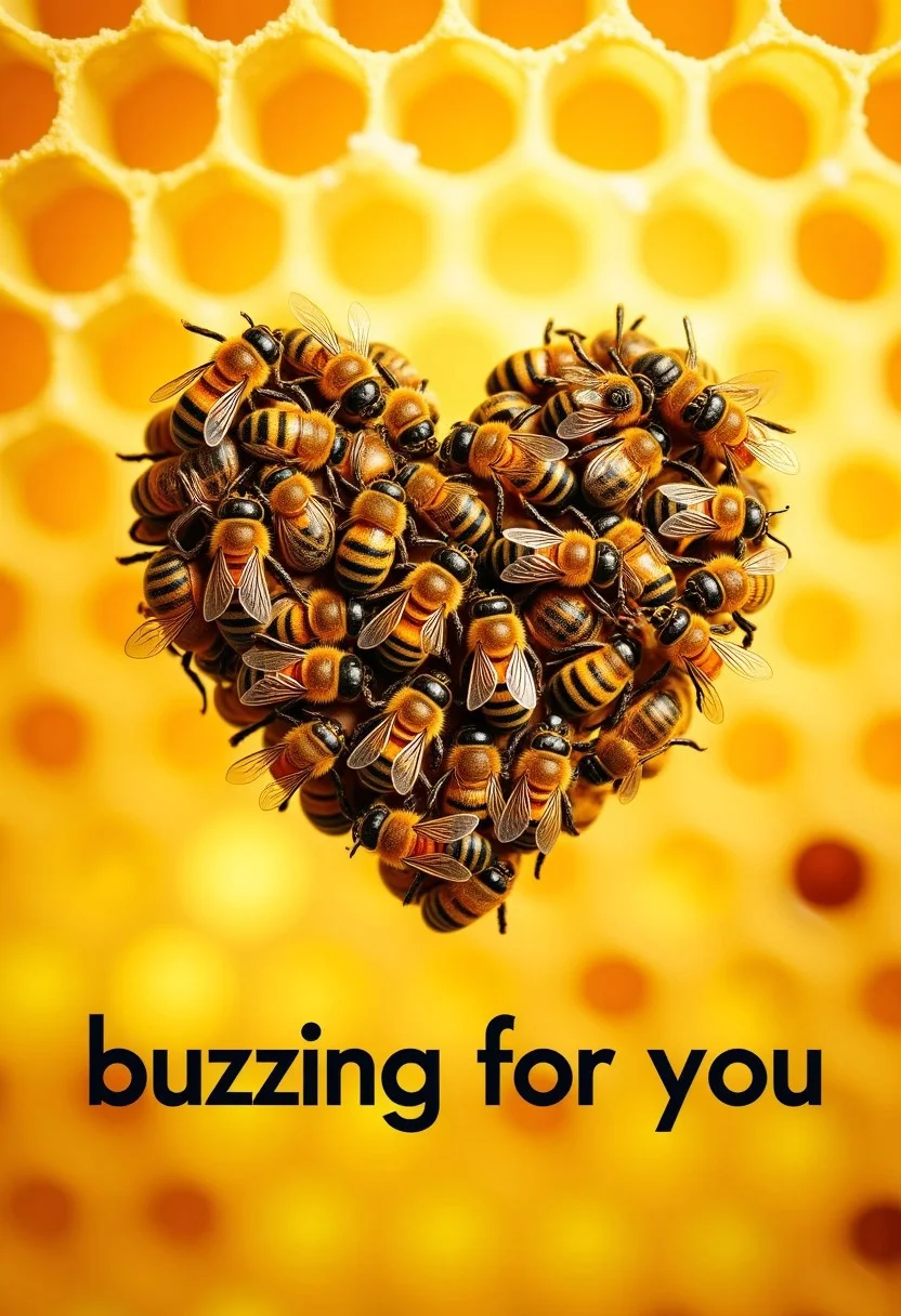 Cute adorable bees cluttered together into a heart shape over a blurred background of a yellow honeycomb structure, At the bottom of the picture is a text that reads "buzzing for you"