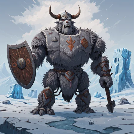 a four meter tall grey drdnght machine with axe and round shield, adorned with runes and fur pelts, charges across a frozen landscape