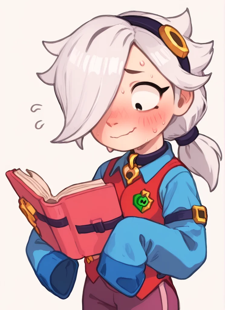 score_9, score_8_up, score_7_up <lora:bscolette:1>bscolette , 1 girl , white hair, , ponytail, collar , red vest , blue shirt , long sleeves, purple pants, hair over one eye, hairband, sleeves past fingers, <lora:PossumMachine:1>posmach nervous smile, blush, sweat, reading, , holding book,