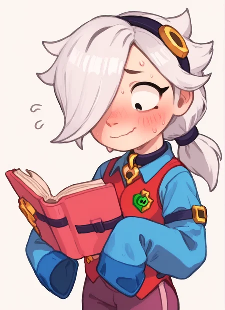 score_9, score_8_up, score_7_up <lora:bscolette:1>bscolette , 1 girl , white hair, , ponytail, collar , red vest , blue shirt , long sleeves, purple pants, hair over one eye, hairband, sleeves past fingers, <lora:PossumMachine:1>posmach nervous smile, blush, sweat, reading, , holding book,