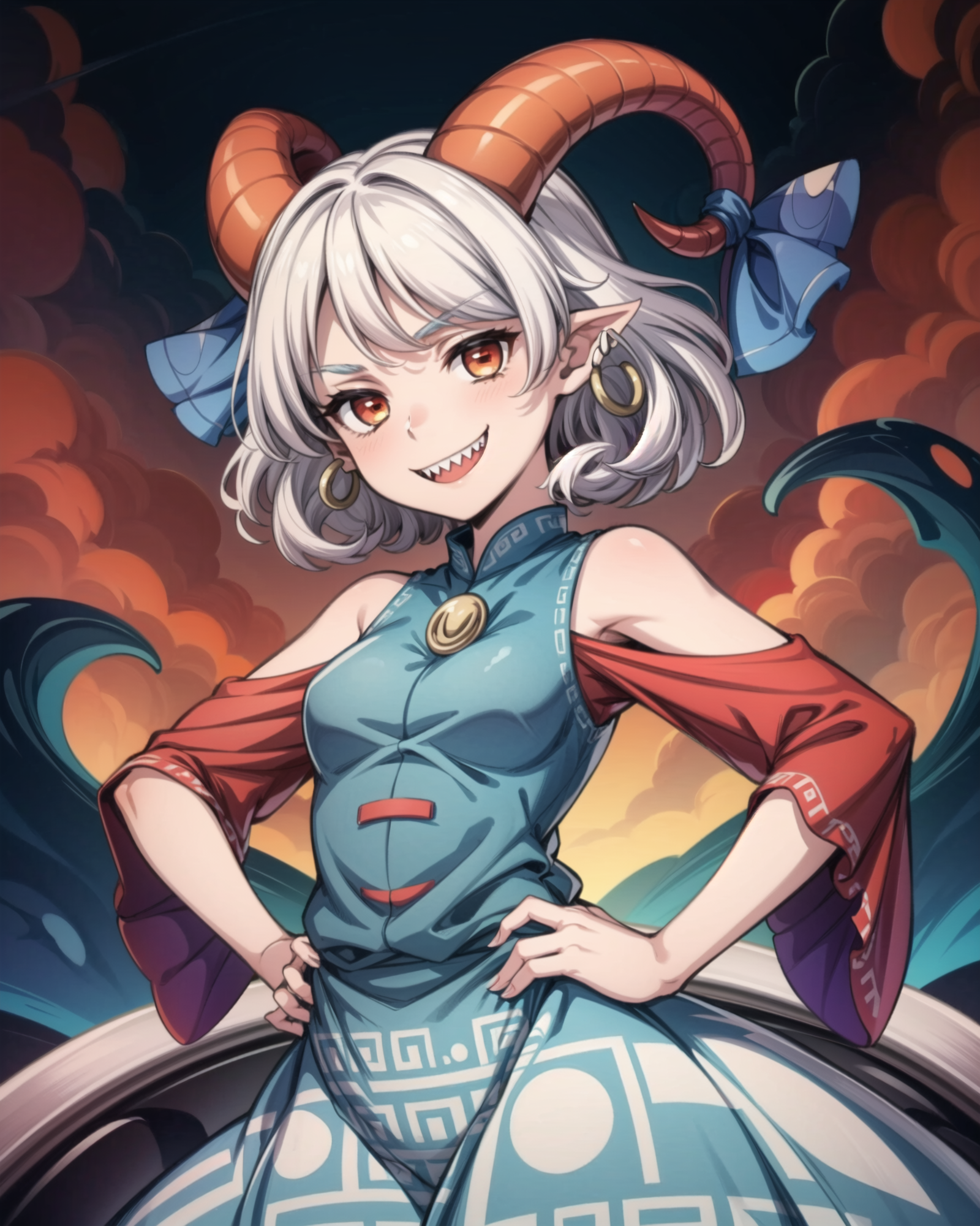 <lora:touhou_toutetsu-14:1.0>, cowboy shot, solo, 1girl, toutetsu yuuma, sharp teeth, smile, looking at viewer, hands on hips, horn ribbon, horn ornament, horizontal pupils, blue dress, red sleeves, detached sleeves, jewelry, earrings<lora:add_detail:1>, masterpiece, best quality, perfect composition, <lyco:GoodHands-beta2:1.0>