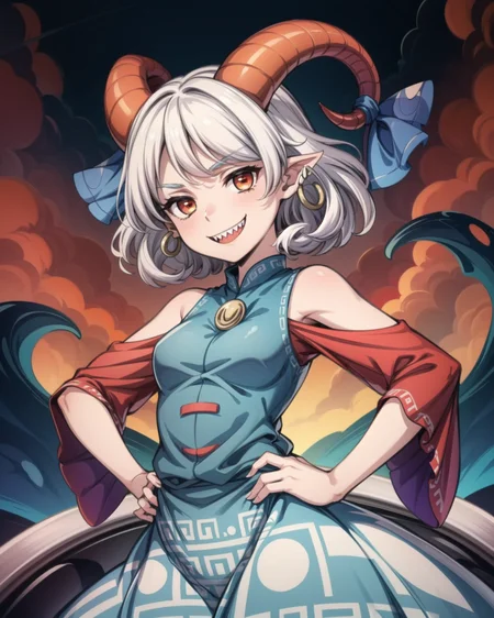 <lora:touhou_toutetsu-14:1.0>, cowboy shot, solo, 1girl, toutetsu yuuma, sharp teeth, smile, looking at viewer, hands on hips, horn ribbon, horn ornament, horizontal pupils, blue dress, red sleeves, detached sleeves, jewelry, earrings<lora:add_detail:1>, masterpiece, best quality, perfect composition, <lyco:GoodHands-beta2:1.0>
