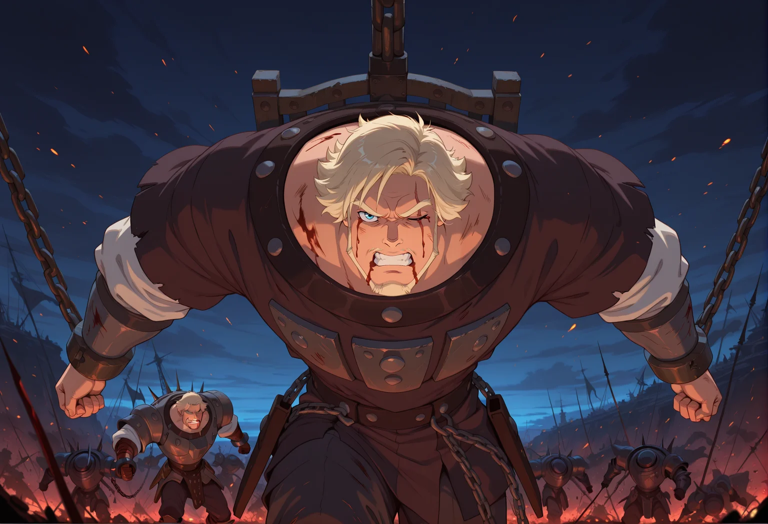 anime artwork concept art masterpiece, best quality, absurdres
<lora:dobri:1>dobriba, 1boy, male focus, facial hair, solo, scar, beard, blood, blue eyes, blonde hair, one eye closed, chain, scar across eye, injury, scar on face, teeth, mustache, clenched teeth, short hair, Chained up, the iron chair, darl nature, battlefield, smog, battle, looking a viewer,pants, armor,
<lora:noobai_vpred_1_masterpieces_v23:0.7> masterpiece, best quality, very aesthetic <lora:DarkerThanBlackIllustrious:0.7> night <lora:NOOB_vp1_detailer_by_volnovik_v1:1>( red theme:0.6), (blue theme:0.4) . digital artwork, illustrative, painterly, matte painting, highly detailed . anime style, vibrant, studio anime, highly detailed