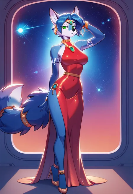 score_9, score_8_up, score_8, 1girl, smooth, blue fur, jewelry, blue hair, green eyes, anthro fox,  highly detailed,  perfect, high quality, high definition, spaceship, crew deck, tight red dress, long dress, thigh gap, posing