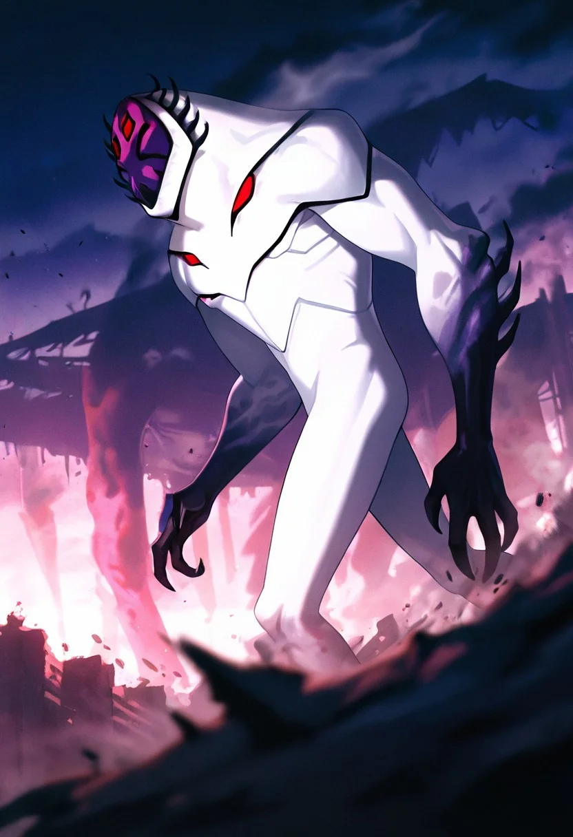 masterpiece, best quality, amazing quality, very aesthetic, absurdres, newest,, detailed background,
highbreed, extra eyes, solo, alien, white skin, purple face, , monster, red eyes, black hands, , claws, black head spikes,
giant, walking, from side, smoke, foreground blur, depth of field, destroyed city, smoke, from bottom,