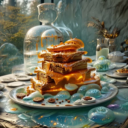 foodphoto, a stack of pancakes made out of slime, pancakes covered in syrup, a swirl of whipped topping on top of a stack of pancakes, plate made of slime, table made of slime,
natural light, no bright spots, 
((translucent slime)), ((transparent slime)), made of water, (bioluminescent slime), sl1m3, slime, slime-morph, ais-blmn, saturated colors, no creatures, no humans, no monsters, no pokemon, scenery only, scenery, ral-lava, watce
