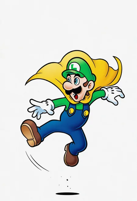 1boy, solo, male focus,
cowboy shot,
action pose, jumping,
luigi,
yellow cape,
looking to the side,
simple background, white background