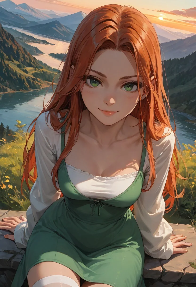 (score_9, score_8_up, score_7_up), zPDXL3, (drawn, wide hips:1.3),1girl, solo, medium breasts, redhead,
green eyes, long hair, white thighhighs, green dress, from above, sunset, dynamic lighting, sundress, sleeves,
outdoors, mountains, river, (face focus, close-up:1.5),
looking at viewer,
dutch angle,
smug,