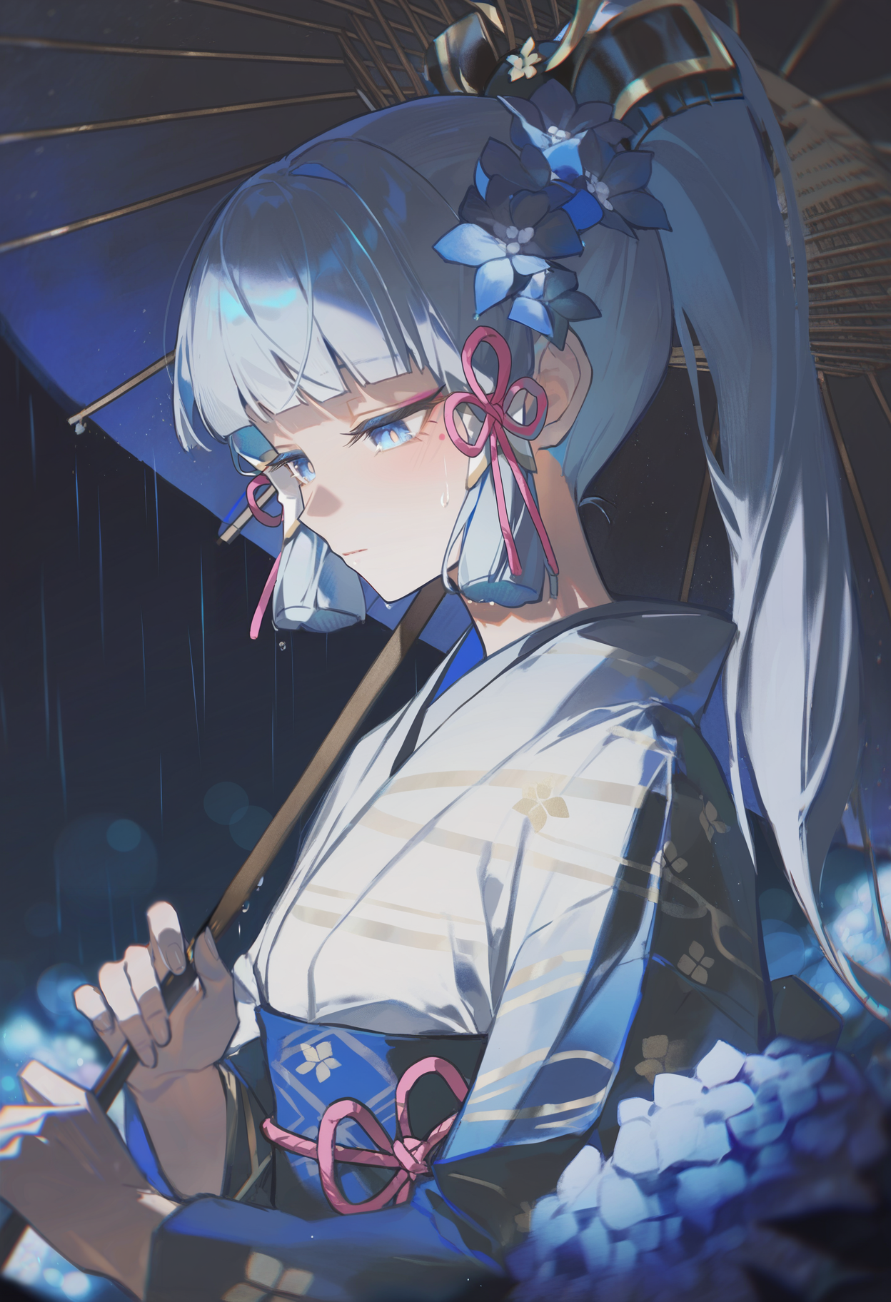 very awa, masterpiece, best quality, newest, absurdres, highres, <lora:artist_niukou_kouzi_vpred_v2:1>
kamisato ayaka, solo, walking, umbrella, moonlight, hydrangea, rain, night sky, blue theme, dark theme, dim lighting, bloom, blurry, bokeh, close-up, looking down, half-closed eyes, star \(sky\), blue kimono, hair flower, white kimono, striped, alternate costume, oil-paper umbrella, closed mouth, upper body, floral print,