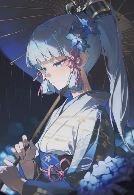 very awa, masterpiece, best quality, newest, absurdres, highres, <lora:artist_niukou_kouzi_vpred_v2:1>
kamisato ayaka, solo, walking, umbrella, moonlight, hydrangea, rain, night sky, blue theme, dark theme, dim lighting, bloom, blurry, bokeh, close-up, looking down, half-closed eyes, star \(sky\), blue kimono, hair flower, white kimono, striped, alternate costume, oil-paper umbrella, closed mouth, upper body, floral print,