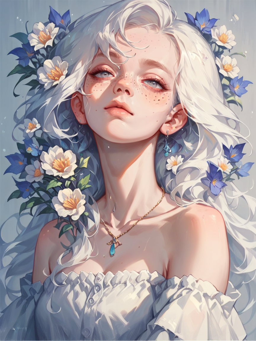 score_9, score_8_up, score_7_up, score_6_up, score_5_up, score_4_up,   <lora:blu3sXLP:0.7> blu3s, 1girl, flowers, white hair, long hair,