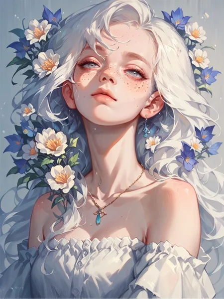 score_9, score_8_up, score_7_up, score_6_up, score_5_up, score_4_up,   <lora:blu3sXLP:0.7> blu3s, 1girl, flowers, white hair, long hair,