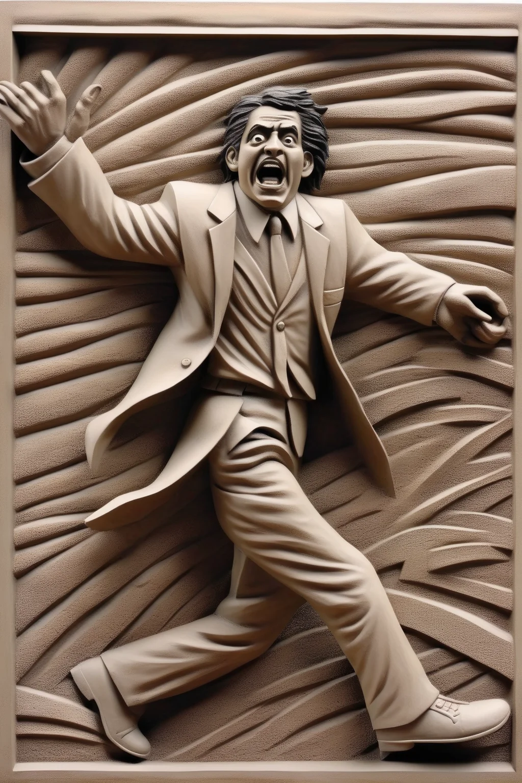 <lora:BAS-RELIEF:1>BAS-RELIEF - bas relief, scared latino man in business suit running to the right