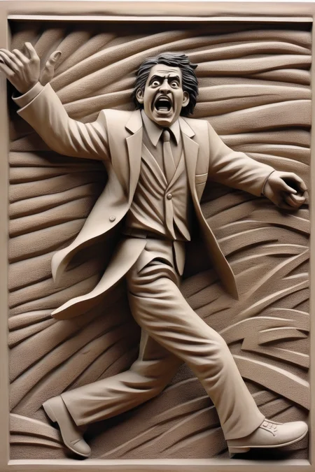 <lora:BAS-RELIEF:1>BAS-RELIEF - bas relief, scared latino man in business suit running to the right