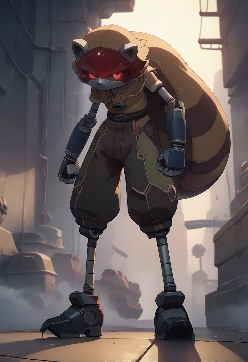 score_9, score_8_up, score_7_up, (best quality:1.1), ultra-detailed, high resolution, 8K, ((tall, 6ft tall, no mouth, long legs)), long legs, Metal Raccoon, robot, brown beige metal skin, black sclera, red pupils, pointy metal nose, gray claws, green core, black shoes, fist, battle stance, arms at sides, floating, factory, raccoon tail, BREAK outside, Rich, Detailed background, ambient light