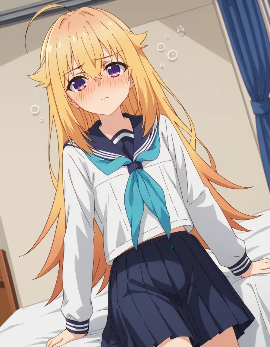score_9, score_8_up, score_7_up, source_anime, <lora:torako-koshi-s1-ponyxl-lora-nochekaiser:1>, torako koshi, long hair, bangs, blonde hair, hair between eyes, very long hair, purple eyes, ahoge, sidelocks, hair flaps, skirt, shirt, long sleeves, school uniform, white shirt, pleated skirt, serafuku, sailor collar, blue skirt, neckerchief, blue sailor collar, blue neckerchief,, indoors, bed, bed room, on side, blush, drunk, looking at viewer, solo,, cowboy shot, dutch angle