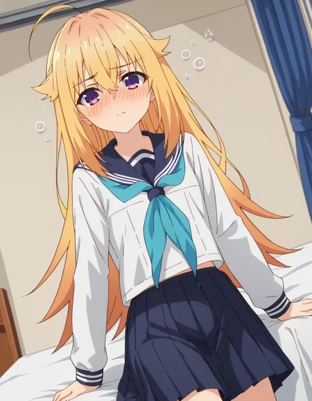 score_9, score_8_up, score_7_up, source_anime, <lora:torako-koshi-s1-ponyxl-lora-nochekaiser:1>, torako koshi, long hair, bangs, blonde hair, hair between eyes, very long hair, purple eyes, ahoge, sidelocks, hair flaps, skirt, shirt, long sleeves, school uniform, white shirt, pleated skirt, serafuku, sailor collar, blue skirt, neckerchief, blue sailor collar, blue neckerchief,, indoors, bed, bed room, on side, blush, drunk, looking at viewer, solo,, cowboy shot, dutch angle