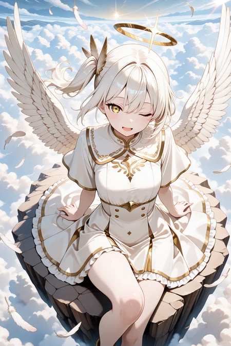 lazympos, absurdres, incredibly absurdres, 1angel, (angel wings:1.1), (feathered wings:1.1), gold eye, one eye closed, (halo:0.8), short hair, floating hair, side ponytail, (smile:0.9), (open mouth:0.9), cute, 
(medium breasts:0.7), (thighs:0.9), 
frills, gold trim, feather hair ornament, 
sitting on cliff, hand on own chest, (knee up:1.1), (leaning back:1.2), 
(above clouds:1.1), gold clouds, many feathers, fog, lens flare, 
sharp focus, looking at viewer, from above, 
(intricate:1.2), (white tone:1.1), (yellow tone:0.9), (white theme:1.1), 
anime coloring, high contrast, 
(masterpiece:1.2), (best quality:1.2), (very aesthetic:1.2), (absurdres:1.2), (detailed background), newest, ai-generated, (intricate details:1.2),
